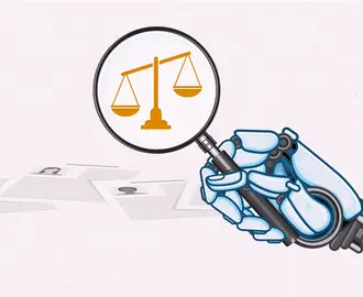 An illustration of a robot hand holding a magnifying glass with the justice scales magnified 