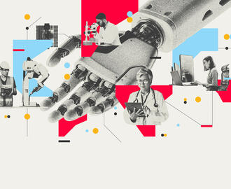 A robot hand with various professionals presented from industries ranging from healthcare, science, and manufacturing