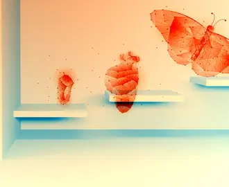 The transformation from a larva into a butterfly