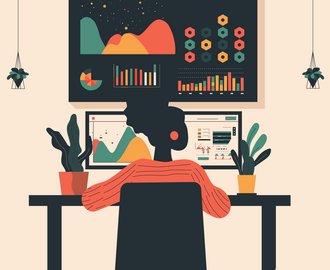 Employee working on multiple computer screens with various data and analytics