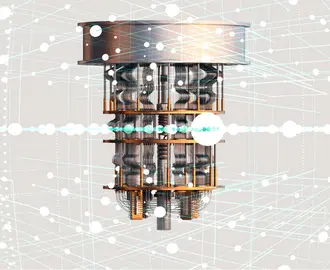 A rendering of a quantum computer in an abstract environment