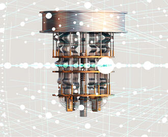 A rendering of a quantum computer in an abstract environment