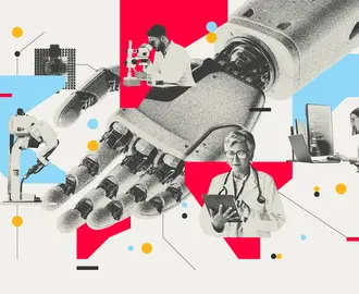 A robot hand with various professionals presented from industries ranging from healthcare, science, and manufacturing