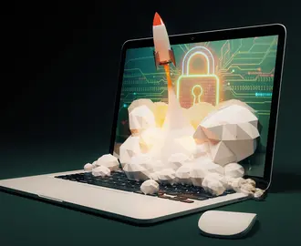 Rocket flies out of a laptop that has a cybersecurity graphic on the screen