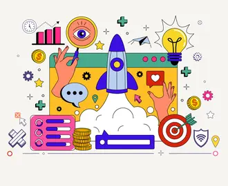 Business startup illustration featuring a rocket ship, charts, dart board, lightbulb, money, etc