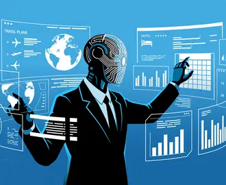An AI agent multitasks various screens featuring charts, graphs, and travel arrangements