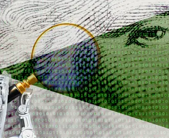 A robot hand holds a magnifying glass at a dollar bill made of binary code