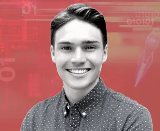 Portrait of Jarrett Heflin with a digital background containing binary code and a rocket