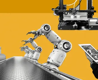 New manufacturing imagery: A robot manages an automation; a 3D printer; a worker uses a tablet with a robot arm on the screen