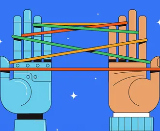 robot and human hand play cats cradle