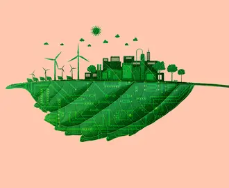 Leaf with city and windmills growing above graphic