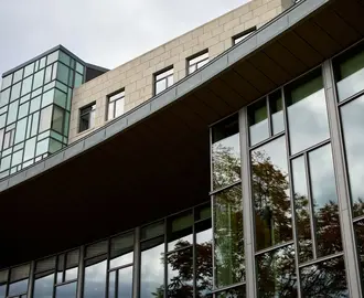Looking up at the Memorial Drive side of the E62 exterior