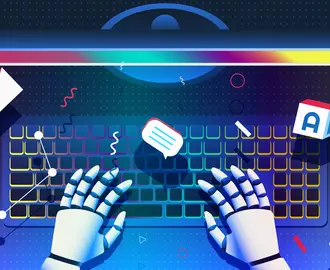 Robot hands typing on a computer