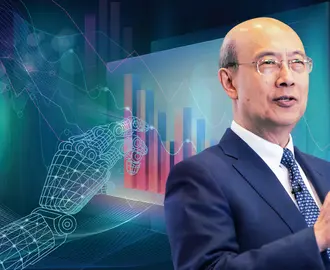 Andrew Lo presenting with AI financial imagery in the background