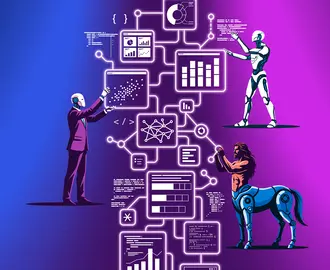 An AI agent, cyborg, and centaur manipulate data in an algorithm