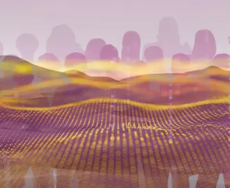 silhouettes of people underneath an algorithmic desert graphic