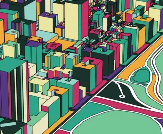 Colorful illustration of major city next to open space