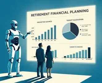A robot shows retirement financial planning graphics on a screen to two people