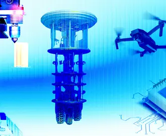 Various technologies including a quantum computer, a 3D printer, a drone, a microchip, and a manufacturing robot arm