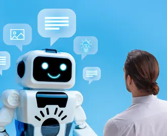 A person talks to a robot with many speech bubbles