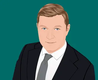 Illustration of man in suit in front of dark green background