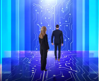 Two business people walk through a hallway that looks like a circuit board