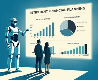 A robot shows retirement financial planning graphics on a screen to two people