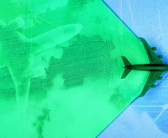 An airplane flies across the green sky, revealing the new green technology like solar and green aviation fuel