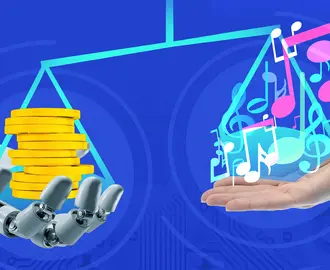 A robot holding coins and a human holding music notes balance out a scale