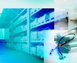 A collage of a warehouse, person using a computer keyboard with vital signs superimposed, and a stack of papers with stethoscope