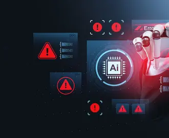 Robotic hand interacts with AI interface surrounded by digital error alerts, glowing holograms and warning icons on a dark futuristic background