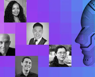 AI circuit board imagery with MIT AI experts: Renée Richardson Gosline, Neil Thompson, Sinan Aral, Eric So, Peyman Shahidi, and Zezhen (Dawn) He