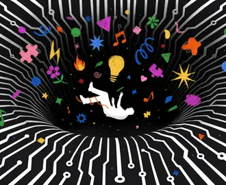 A person and various colorful symbols (lightbulb, fire, puzzle pieces, etc.) fall into a dark hole in a circuit board vortex