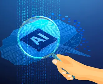 A person holds a magnifying glass up to AI imagery