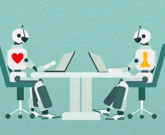 Two robots do work across from each other; one wears a heart and the other wears a queen chess piece