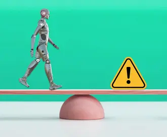A robot and a warning sign are on opposite sides of a seesaw