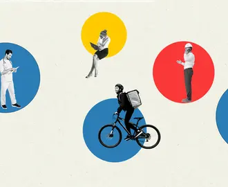 Collage of various contract and gig workers in their individual bubbles