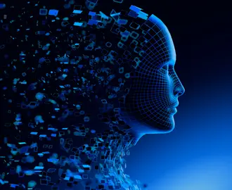 Digital Transformation: AI Artificial Intelligence in Human Face Head.