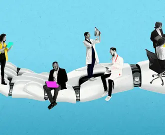 Various workers on top of a robot hand