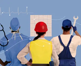 A collage of a doctor, engineer, and electrician with their tools and digital imagery
