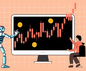 A robot and human discuss a stock ticker chart on a computer screen