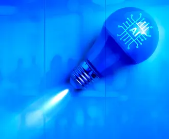 A glowing light bulb with AI circuit symbol launches with a company boardroom in the background