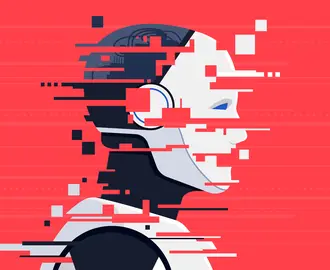 A humanoid AI robot looks corrupted or broken with line glitches