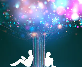 Two people sit on opposite sides of a tree made of AI/digital components