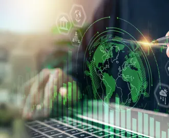 Businessman analyzes investment sustainability ESG icons