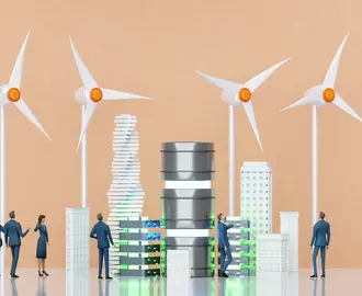 Wind power generators, turbines generating electricity enough for the for the city and controlled by AI, 3d rendering
