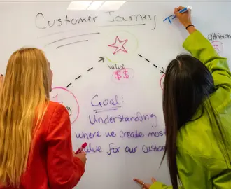Young women brainstorming on whiteboard