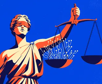 A lady of justice holds a scale with AI network lines on one side