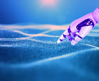A robot hand points to ocean waves