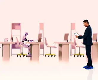 A business person oversees an office with no workers except for one robot